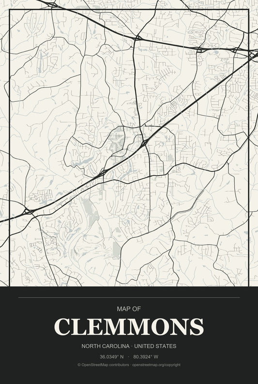 Clemmons, North Carolina City Map Aluminum Sign in Museum Plaque style
