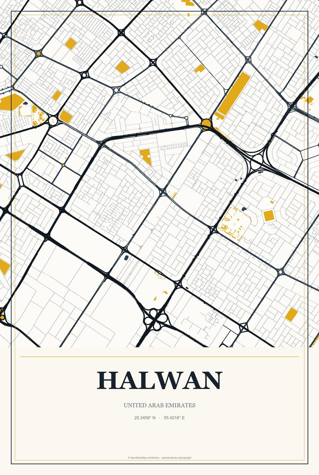 Halwan, United Arab Emirates City Map Aluminum Sign in Citrine Modern style