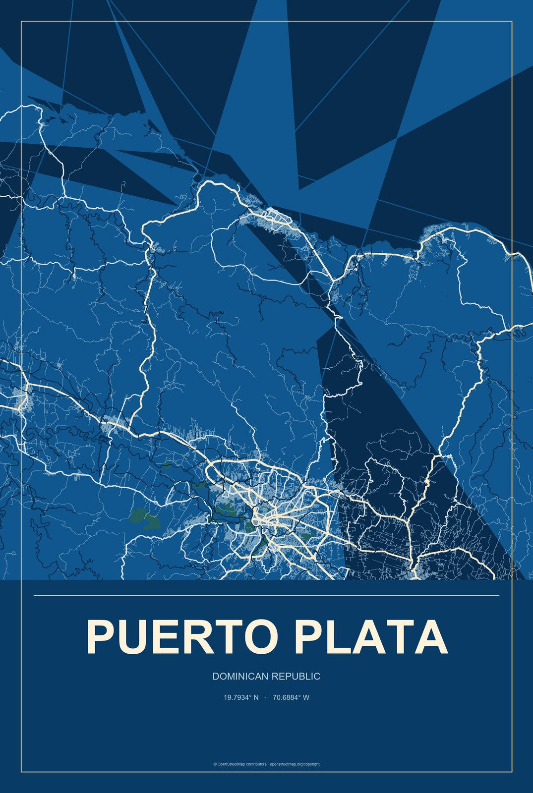 Puerto Plata, Dominican Republic City Map Aluminum Sign in Harbor Cobalt style