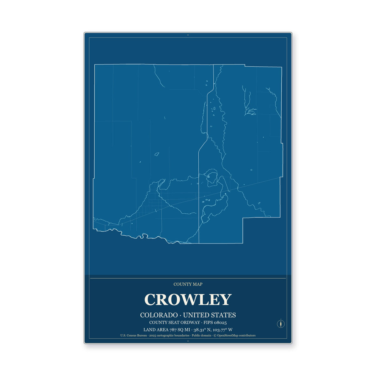 Crowley County, Colorado Map Aluminum Sign in Harbor Cobalt style