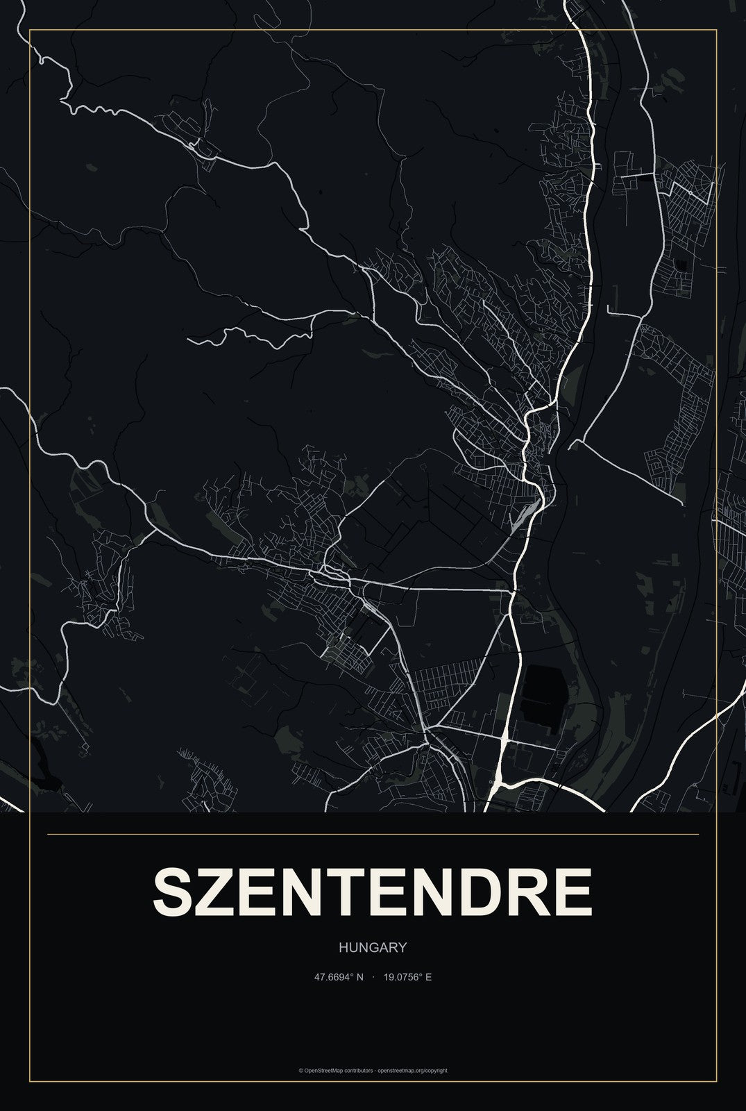 Szentendre, Hungary City Map Aluminum Sign in Metropolitan Noir style