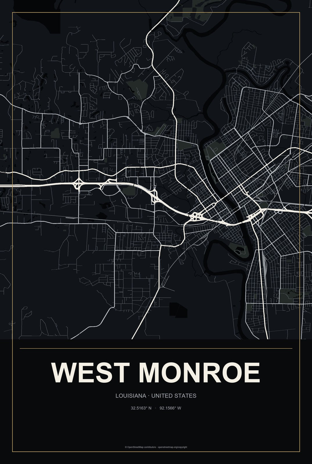 West Monroe, Louisiana City Map Aluminum Sign in Metropolitan Noir style