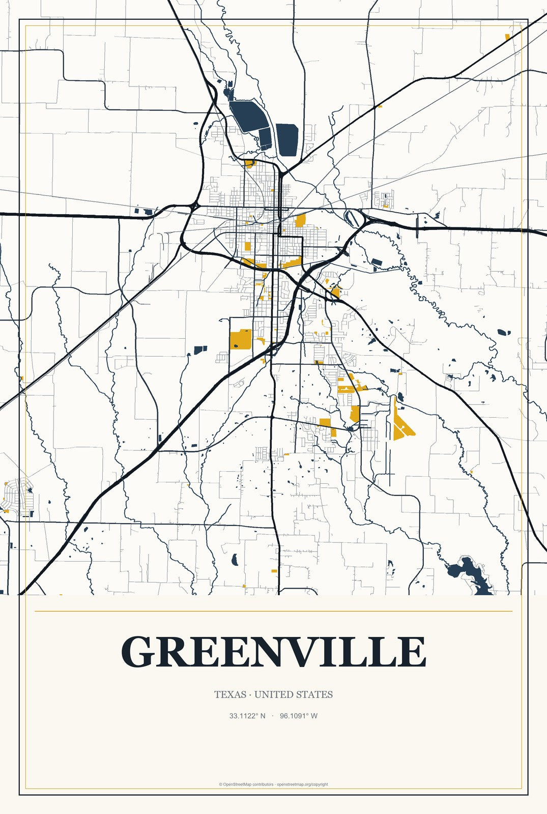 Greenville, Texas City Map Aluminum Sign in Citrine Modern style