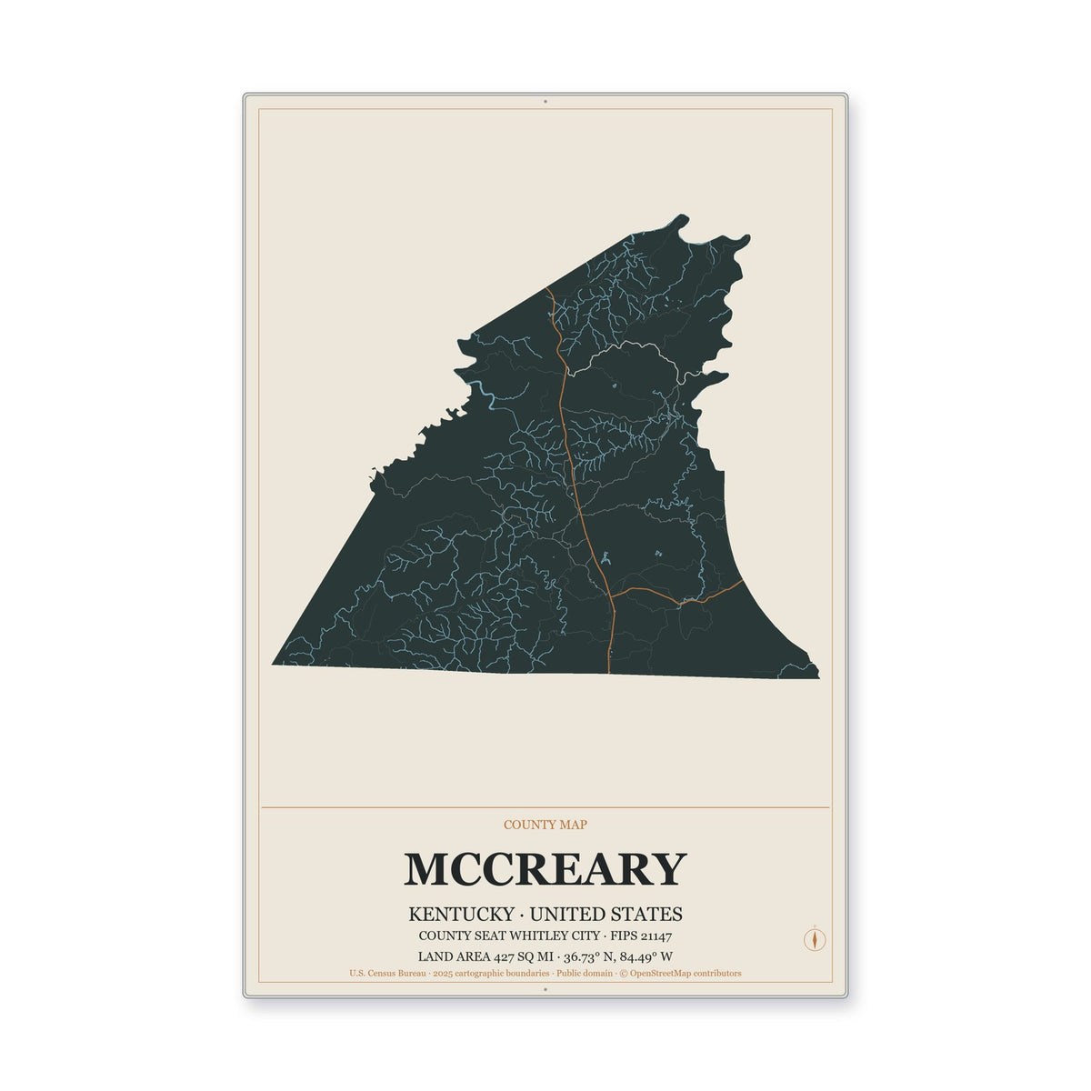 McCreary County, Kentucky Map Aluminum Sign in Headline Atlas style