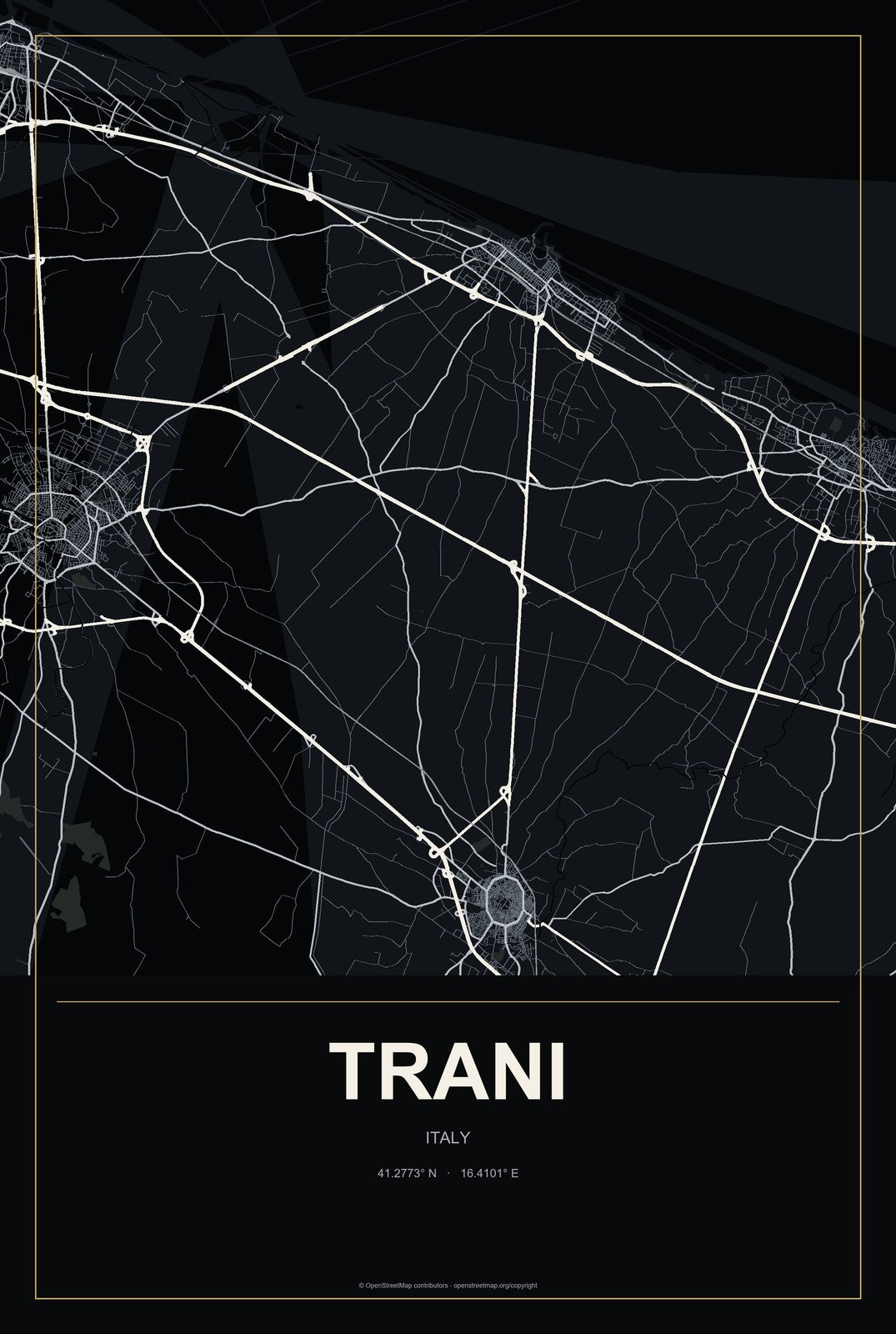 Trani, Italy City Map Aluminum Sign in Metropolitan Noir style
