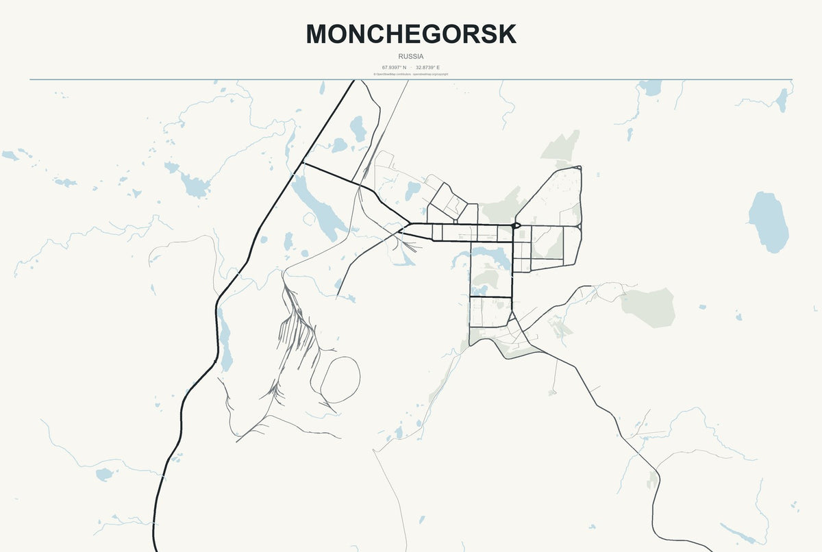Monchegorsk, Russia City Map Aluminum Sign in Headline Atlas style