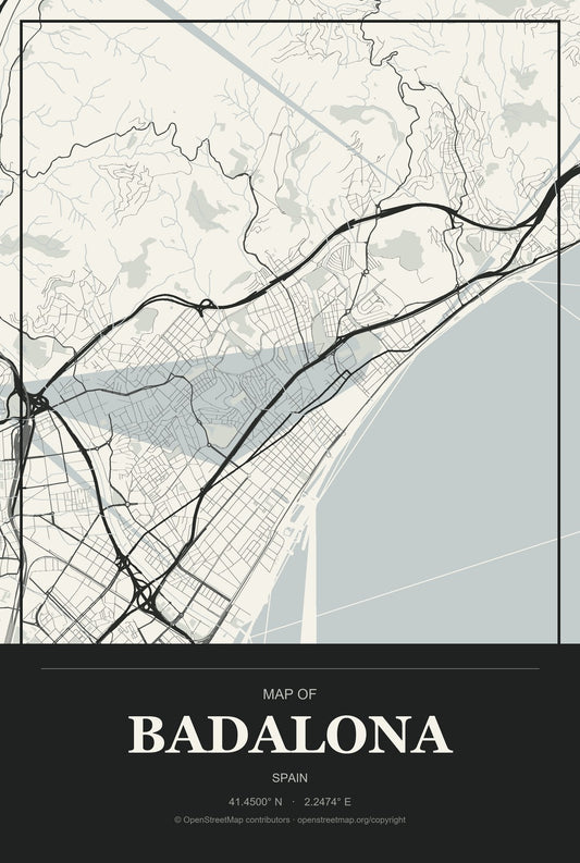 Badalona, Spain City Map Aluminum Sign in Museum Plaque style
