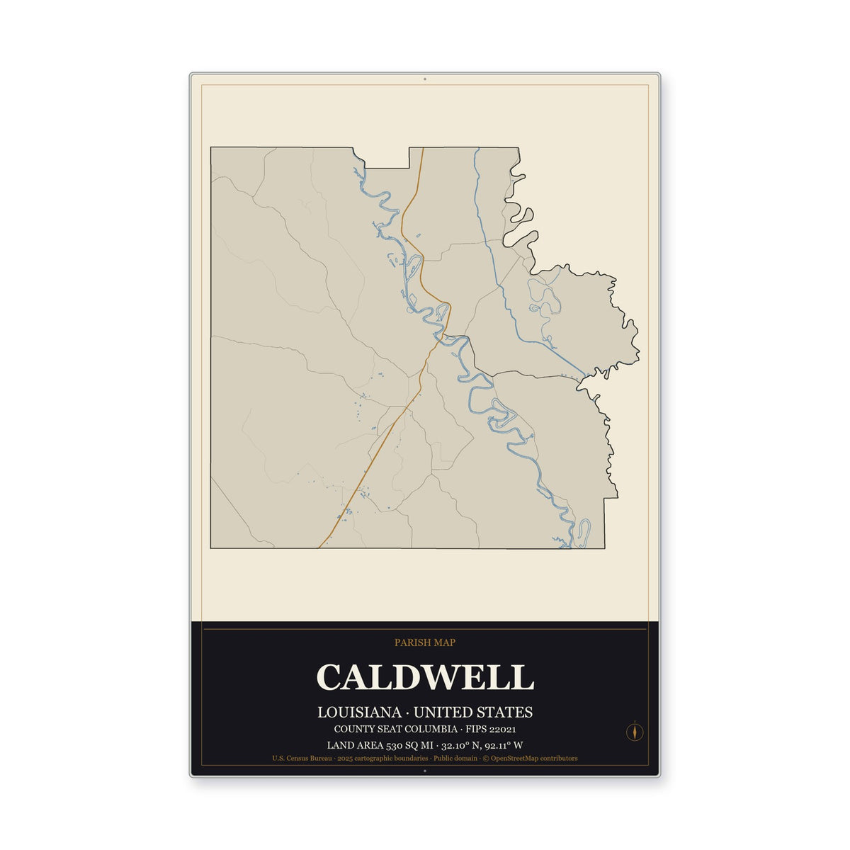 Caldwell Parish, Louisiana Map Aluminum Sign in Museum Plaque style