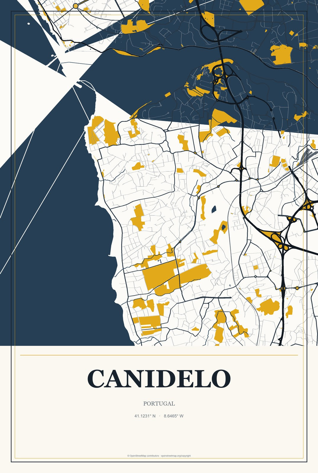 Canidelo, Portugal City Map Aluminum Sign in Citrine Modern style