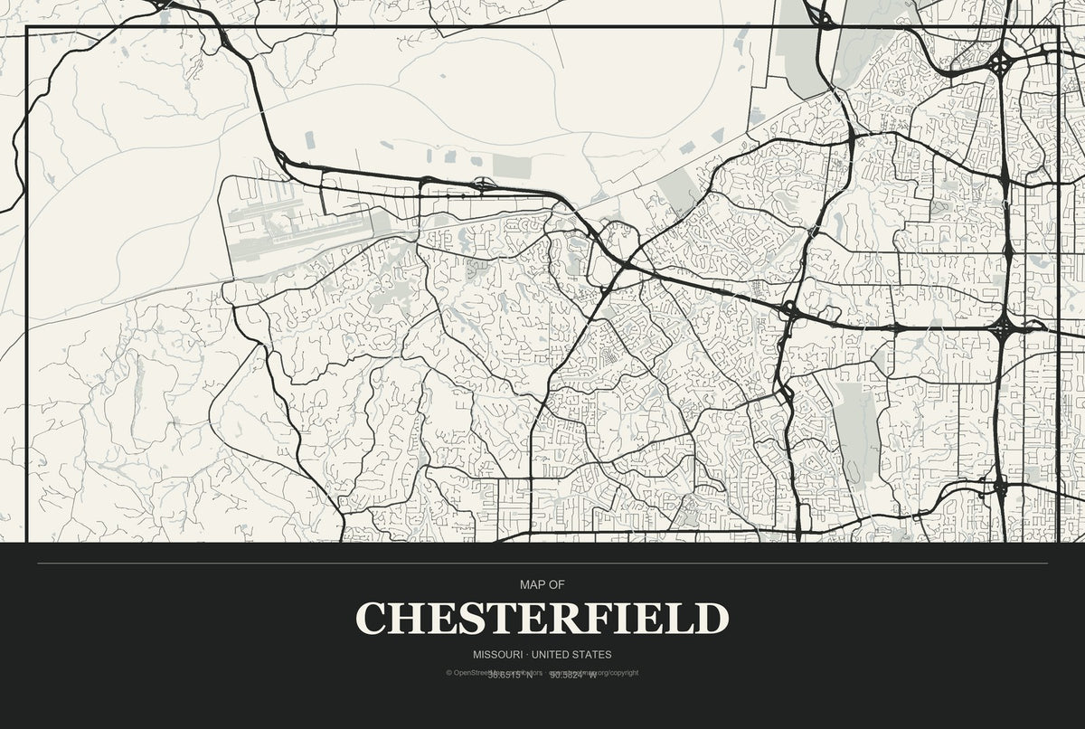 Chesterfield, Missouri City Map Aluminum Sign in Museum Plaque style