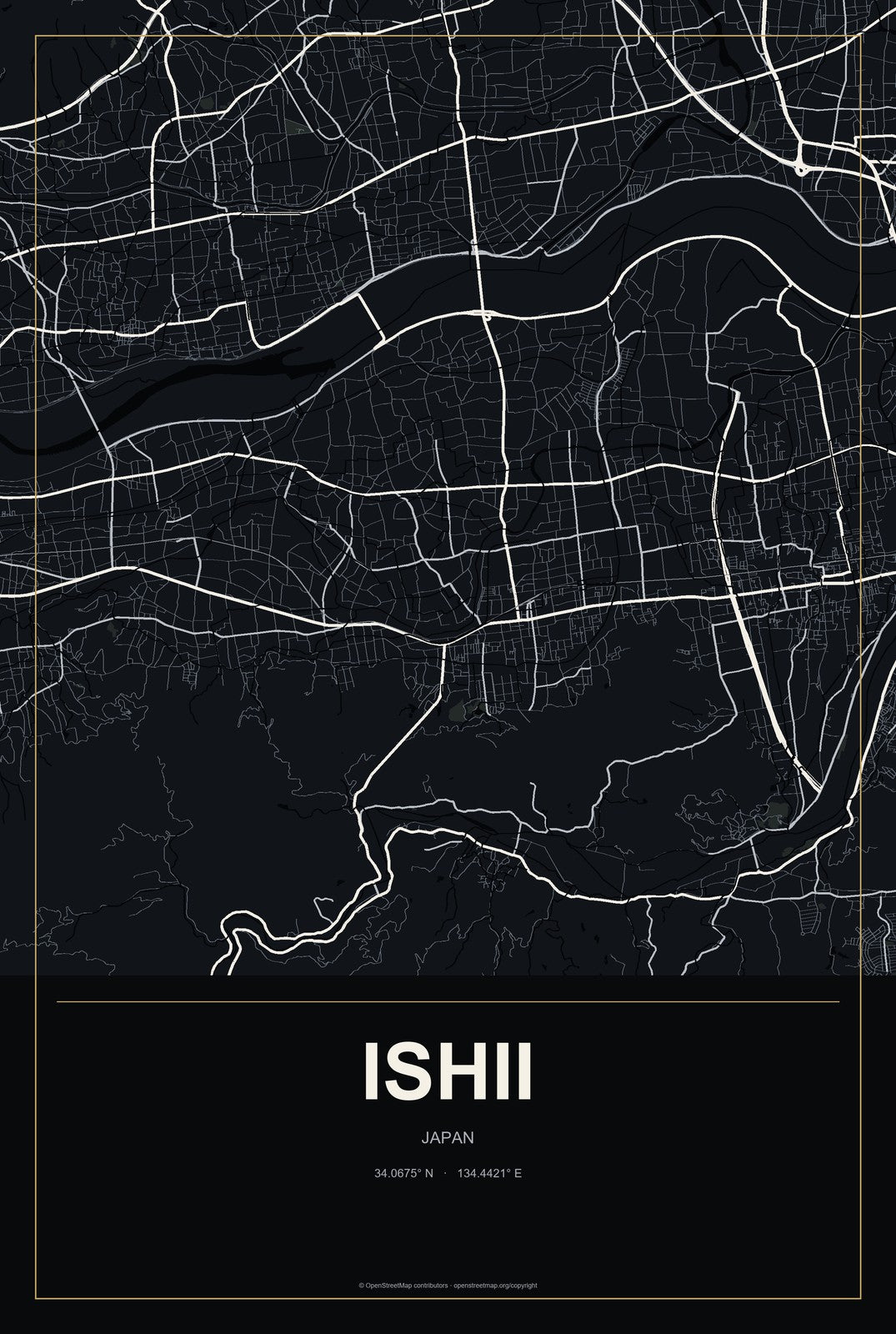 Ishii, Japan City Map Aluminum Sign in Metropolitan Noir style