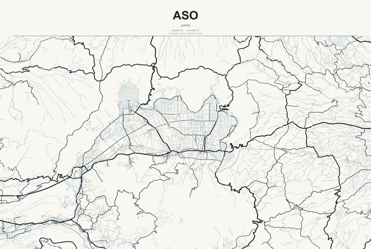 Aso, Japan City Map Aluminum Sign in Headline Atlas style