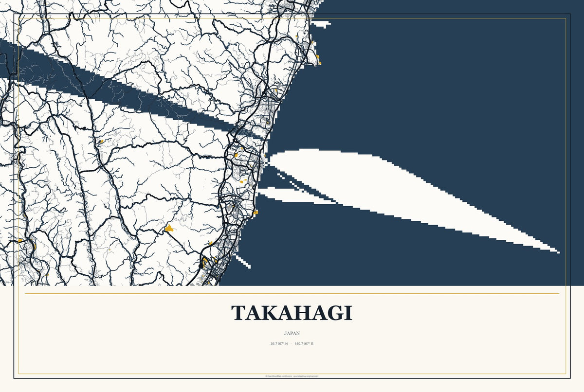 Takahagi, Japan City Map Aluminum Sign in Citrine Modern style