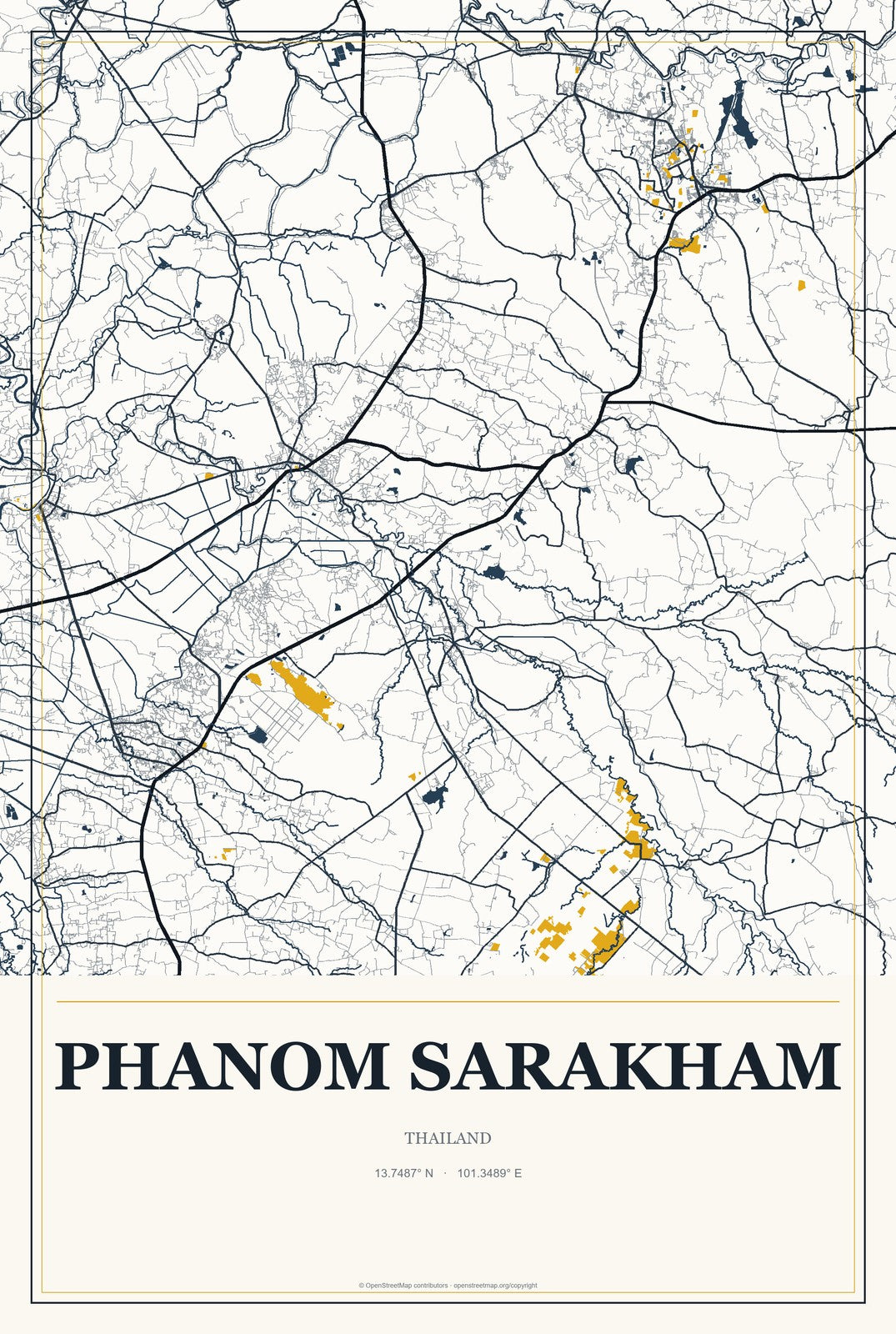 Phanom Sarakham, Thailand City Map Aluminum Sign in Citrine Modern style