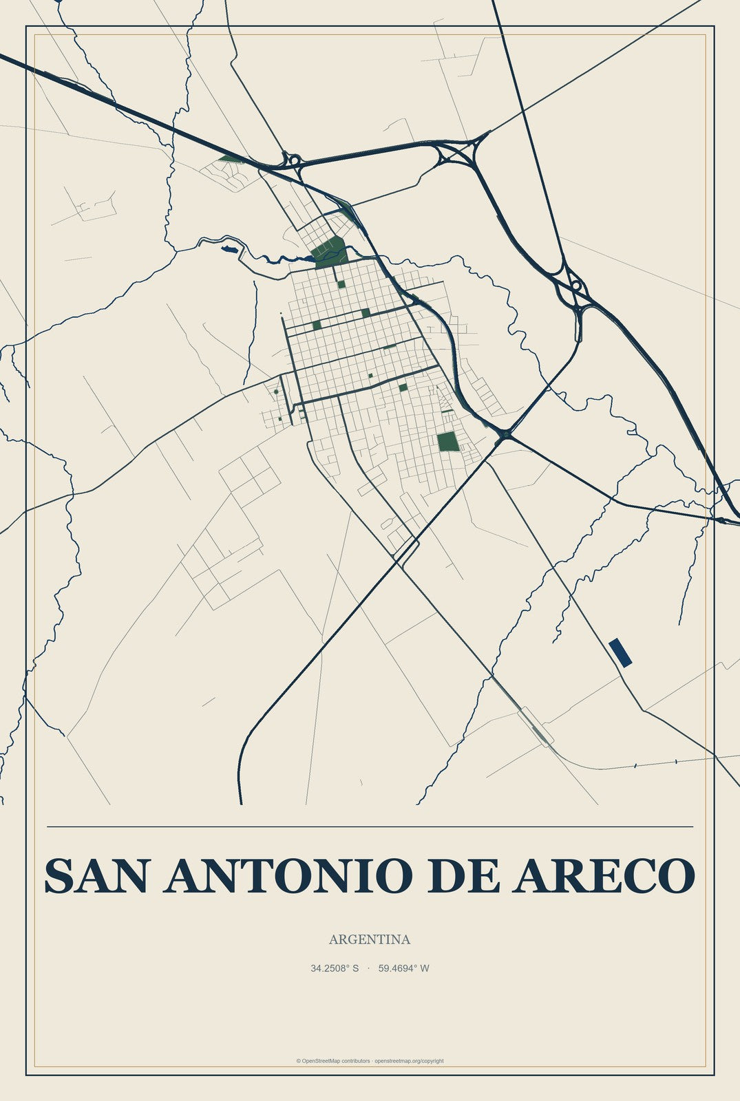 San Antonio de Areco, Argentina City Map Aluminum Sign in Coastal Cutout style