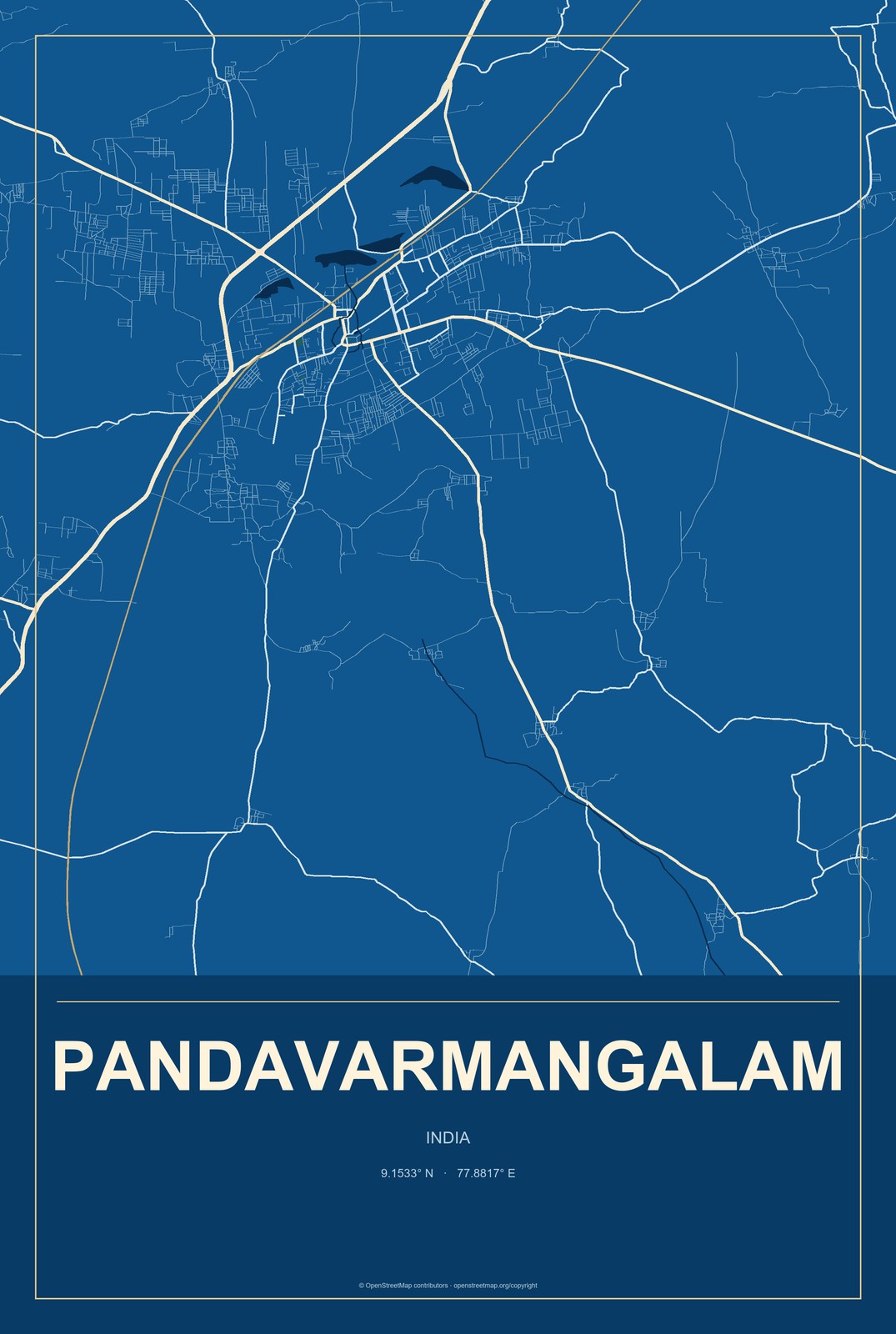 Pandavarmangalam, India City Map Aluminum Sign in Harbor Cobalt style