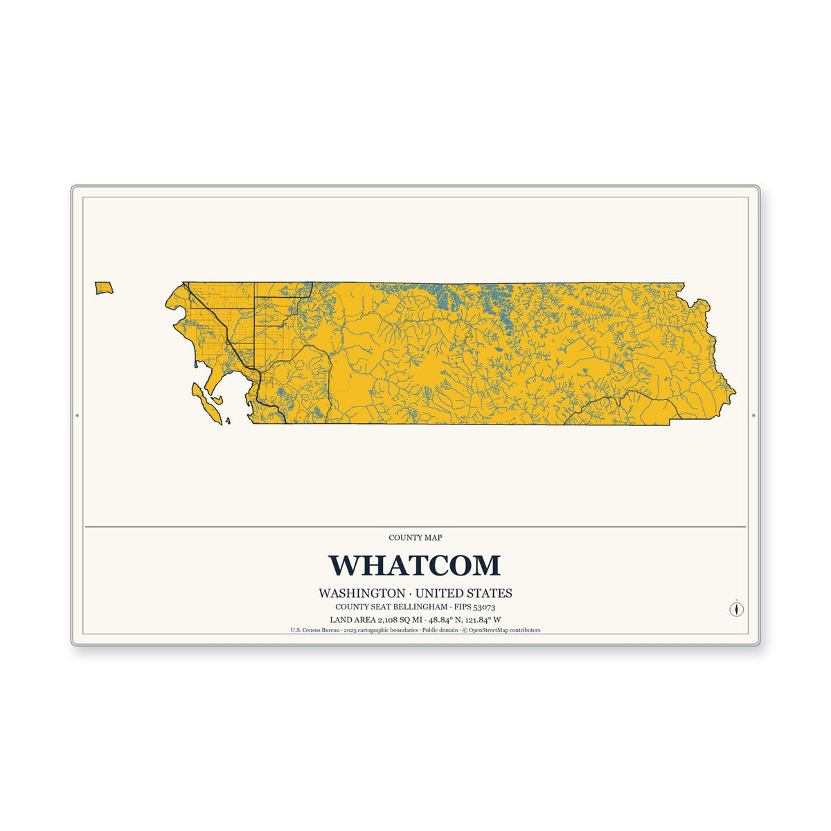 Whatcom County, Washington Map Aluminum Sign in Citrine Modern style
