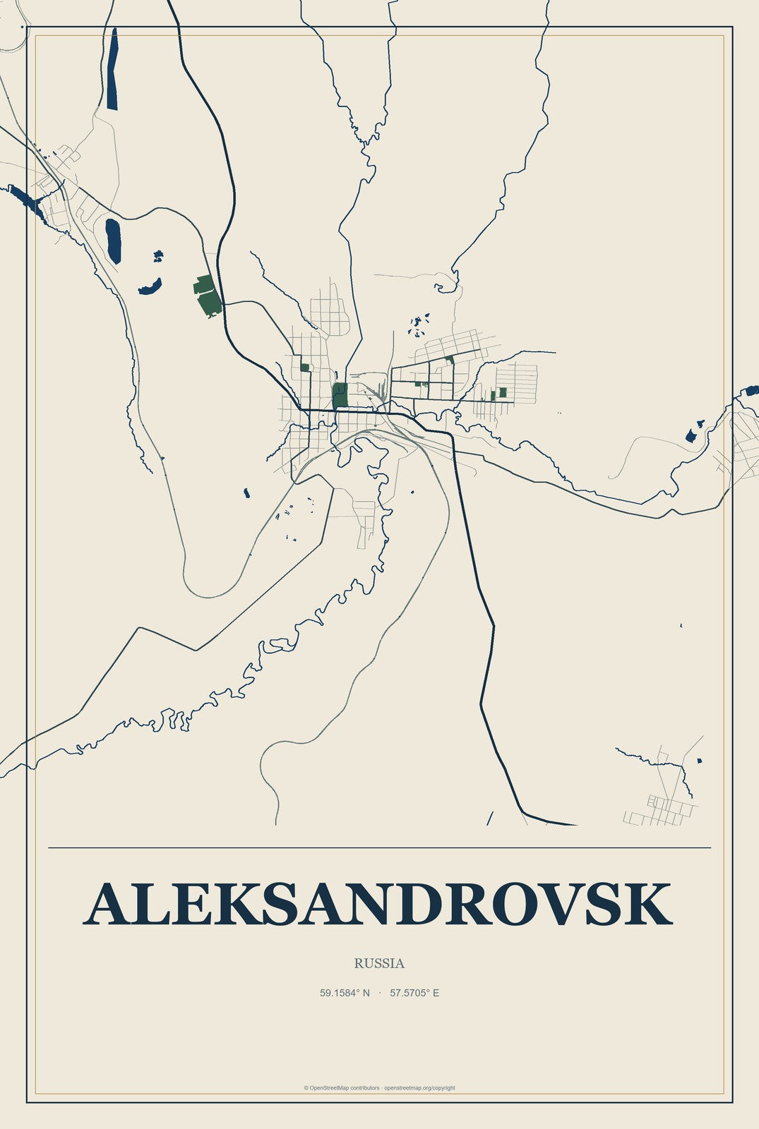 Aleksandrovsk, Russia City Map Aluminum Sign in Coastal Cutout style