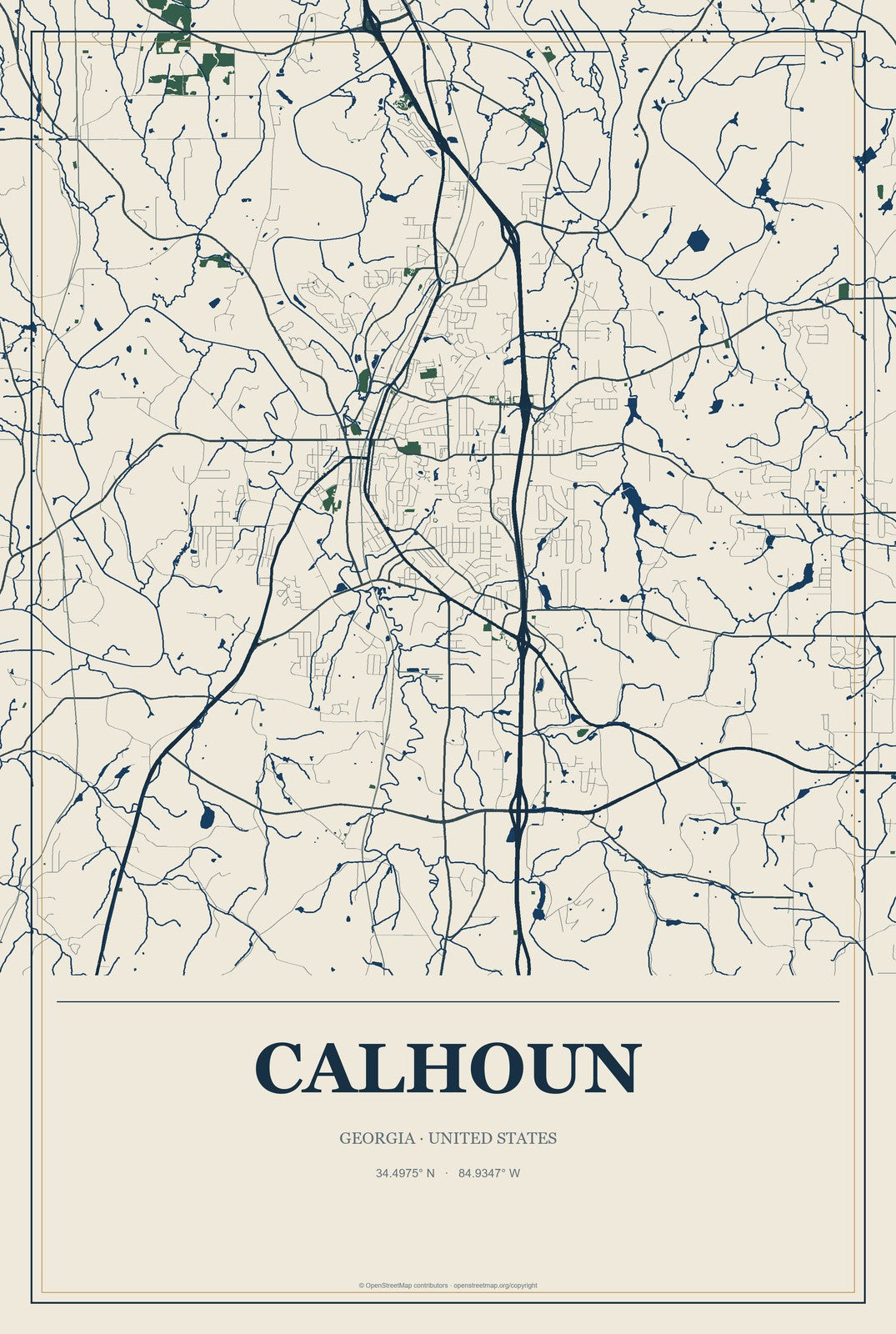Calhoun, Georgia City Map Aluminum Sign in Coastal Cutout style