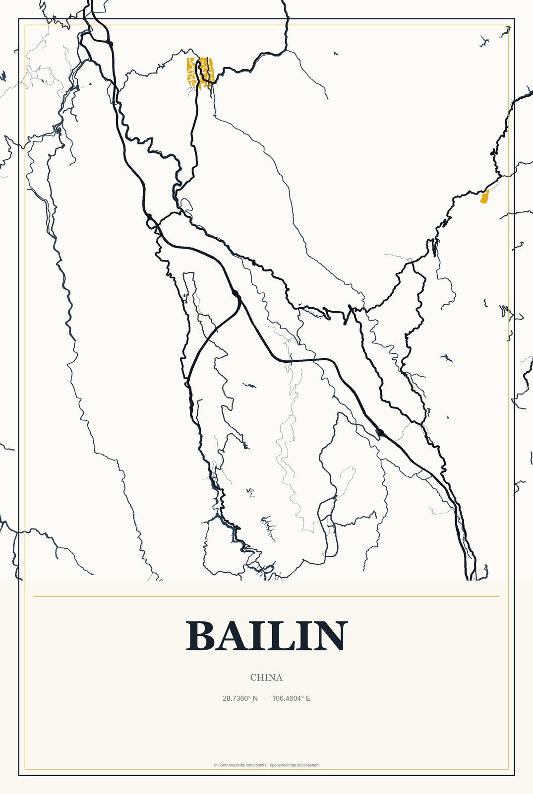 Bailin, Chongqing, China City Map Aluminum Sign in Citrine Modern style