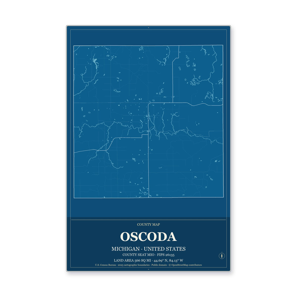 Oscoda County, Michigan Map Aluminum Sign in Harbor Cobalt style