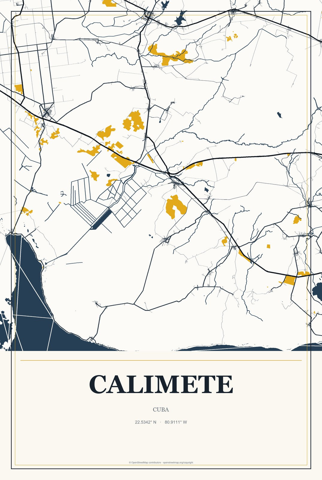 Calimete, Cuba City Map Aluminum Sign in Citrine Modern style
