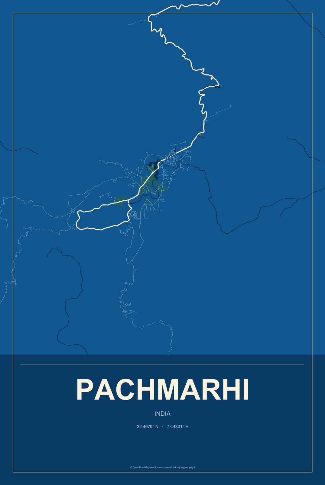 Pachmarhi, India City Map Aluminum Sign in Harbor Cobalt style