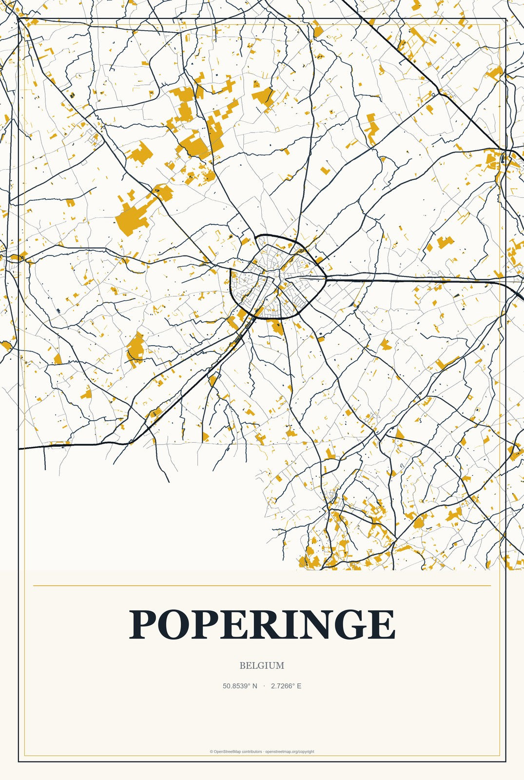 Poperinge, Belgium City Map Aluminum Sign in Citrine Modern style