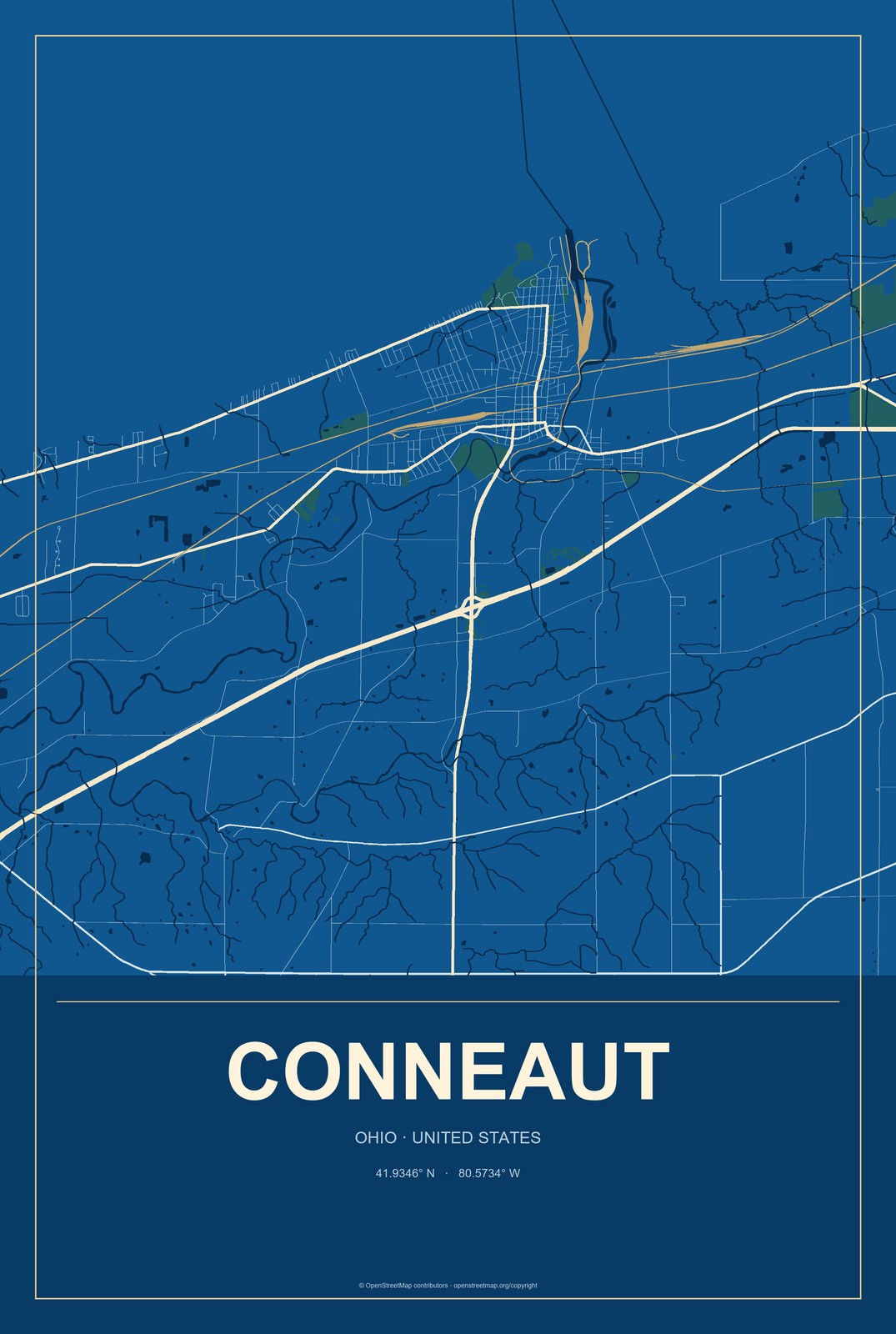 Conneaut, Ohio City Map Aluminum Sign in Harbor Cobalt style