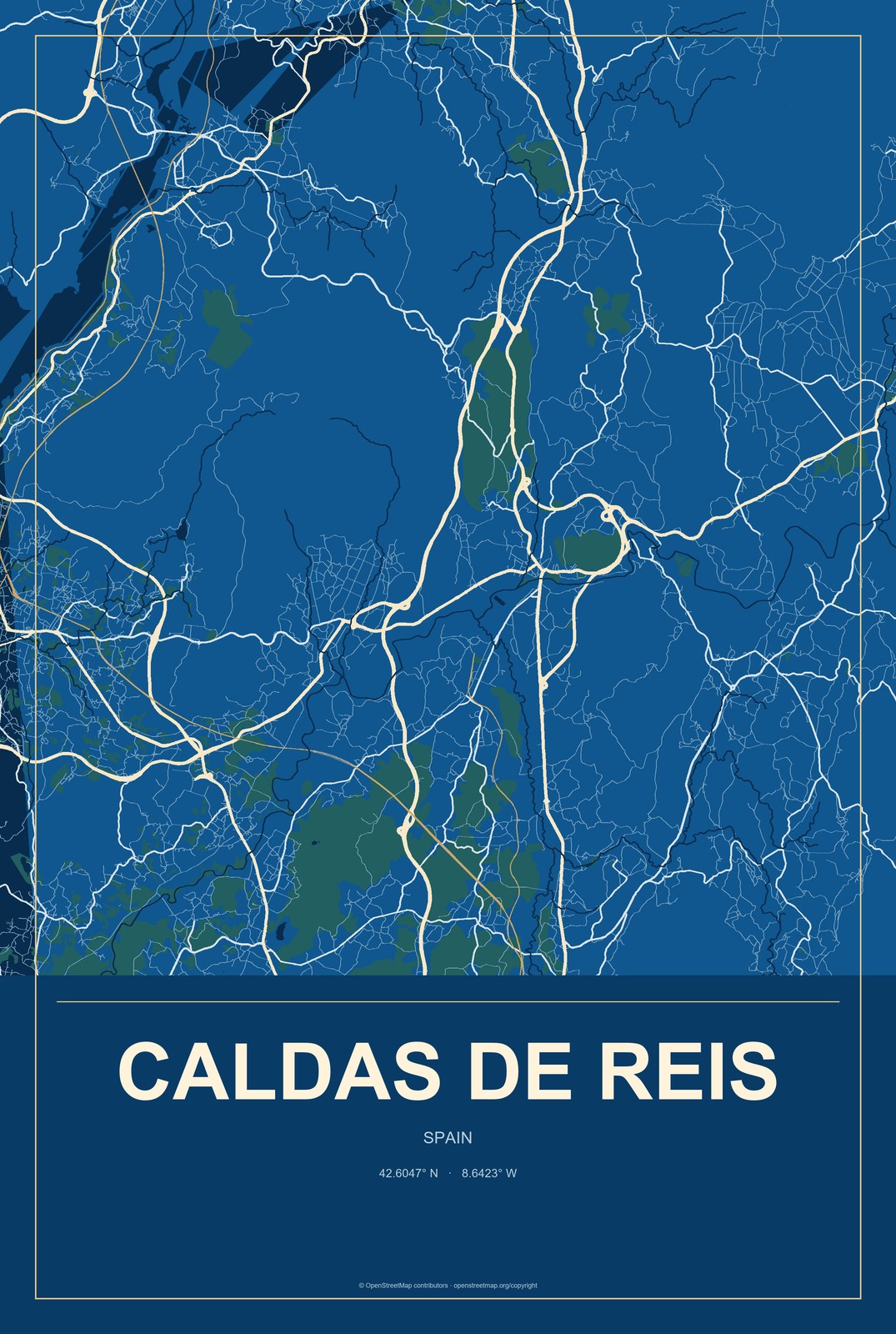 Caldas de Reis, Spain City Map Aluminum Sign in Harbor Cobalt style