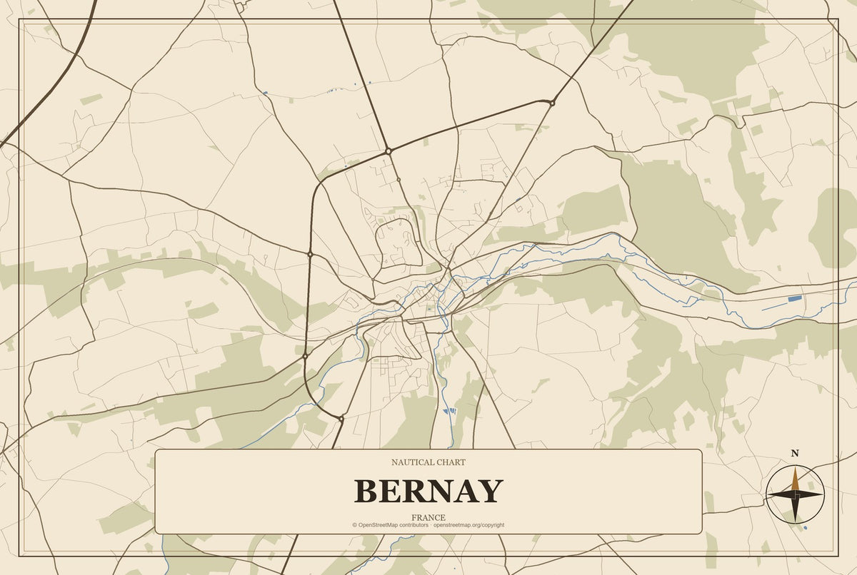 Bernay, France City Map Aluminum Sign in Heritage Nautical style