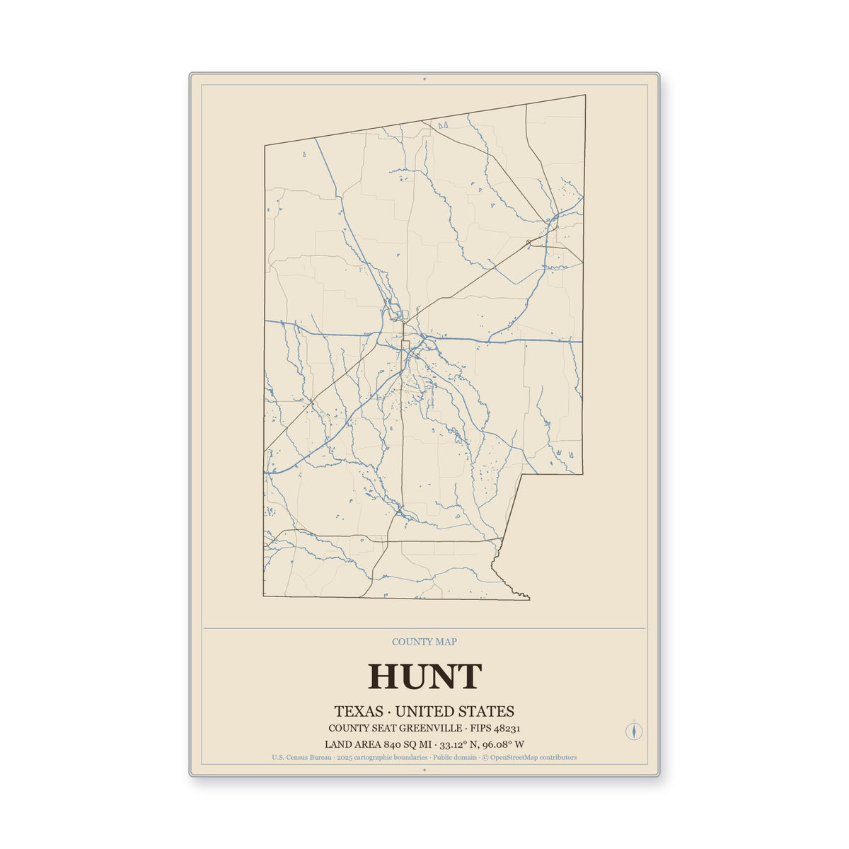 Hunt County, Texas Map Aluminum Sign in Heritage Nautical style