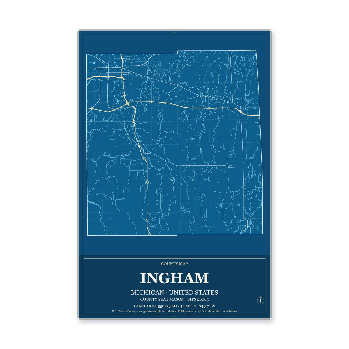 Ingham County, Michigan Map Aluminum Sign in Harbor Cobalt style