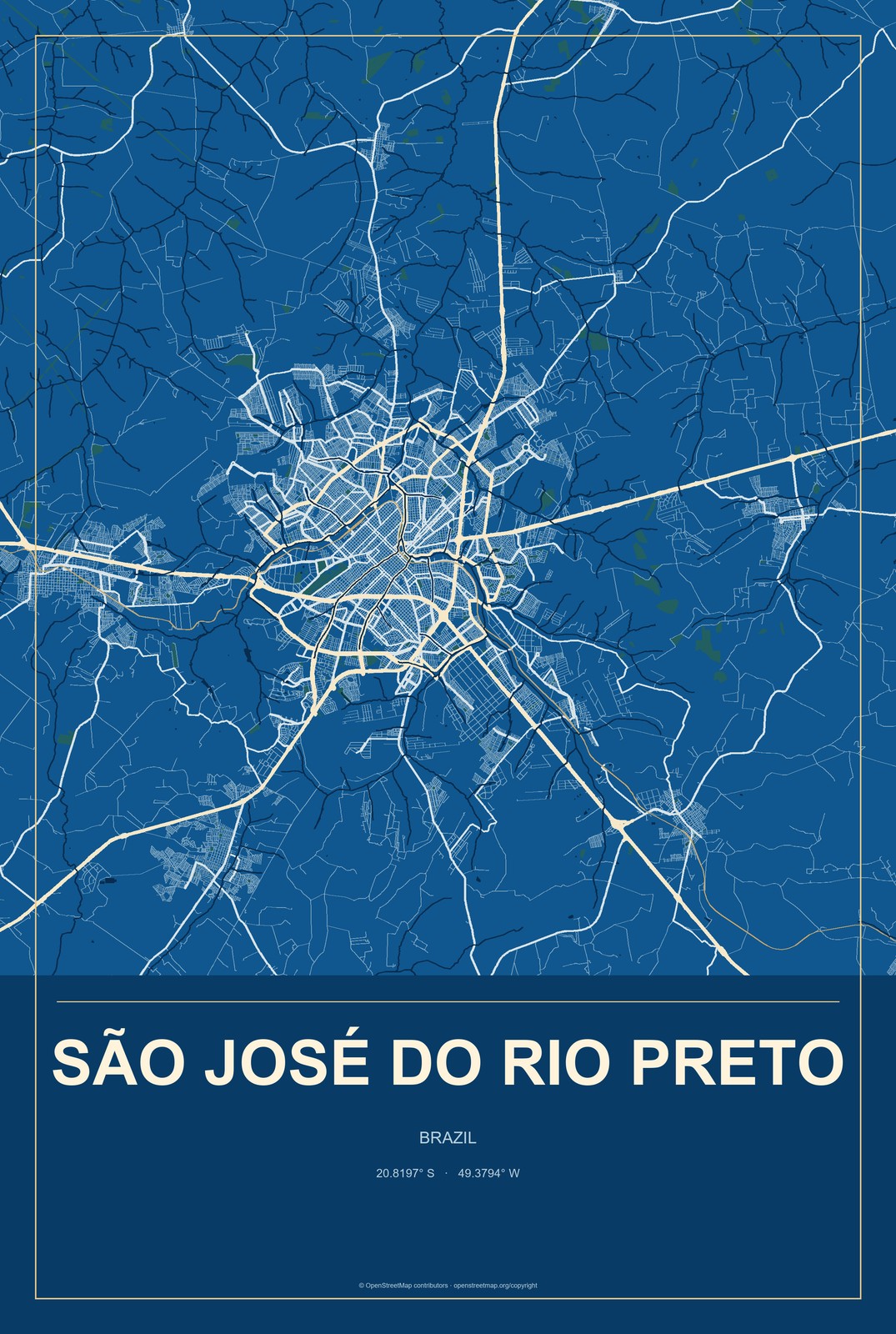 São José do Rio Preto, Brazil City Map Aluminum Sign in Harbor Cobalt style