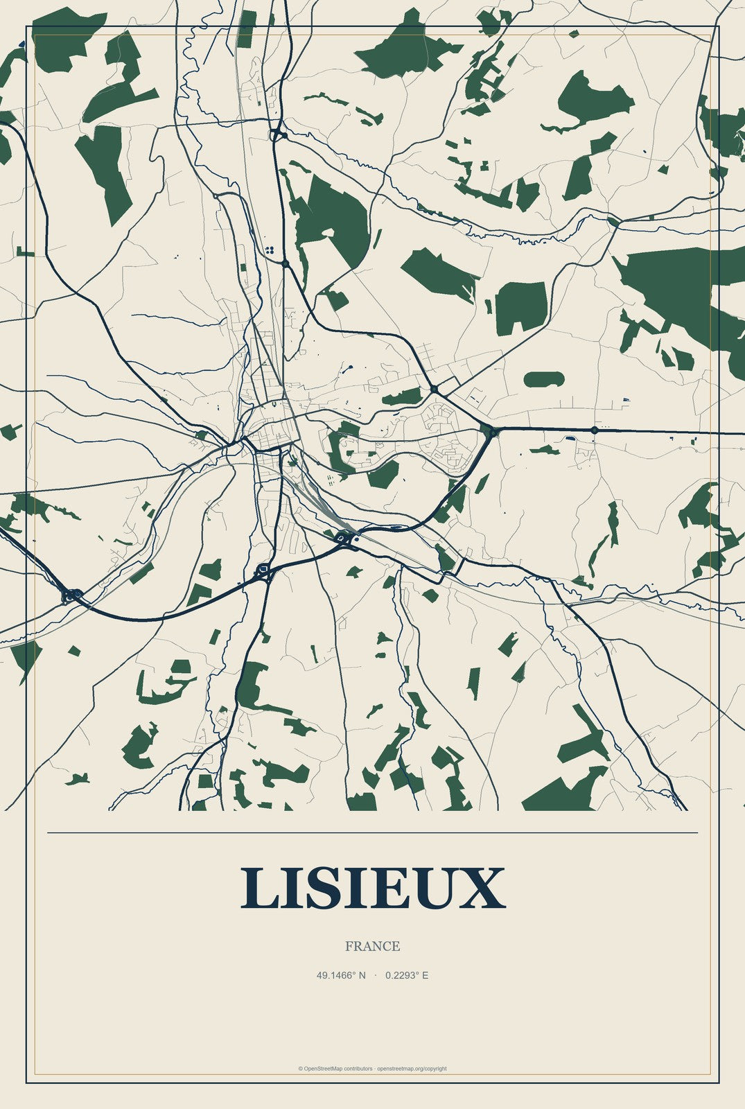 Lisieux, France City Map Aluminum Sign in Coastal Cutout style