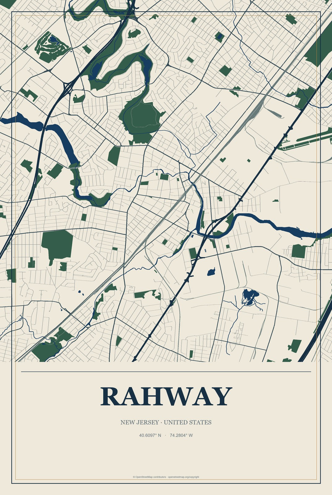 Rahway, New Jersey City Map Aluminum Sign in Coastal Cutout style
