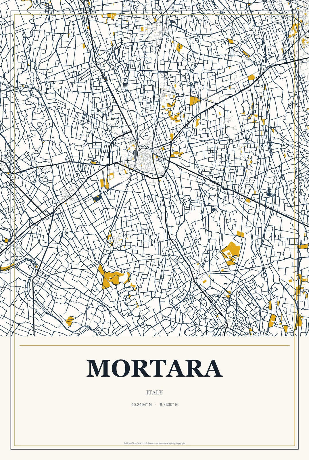 Mortara, Italy City Map Aluminum Sign in Citrine Modern style