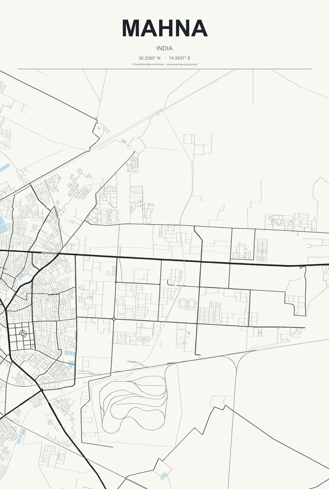 Mahna, India City Map Aluminum Sign in Headline Atlas style