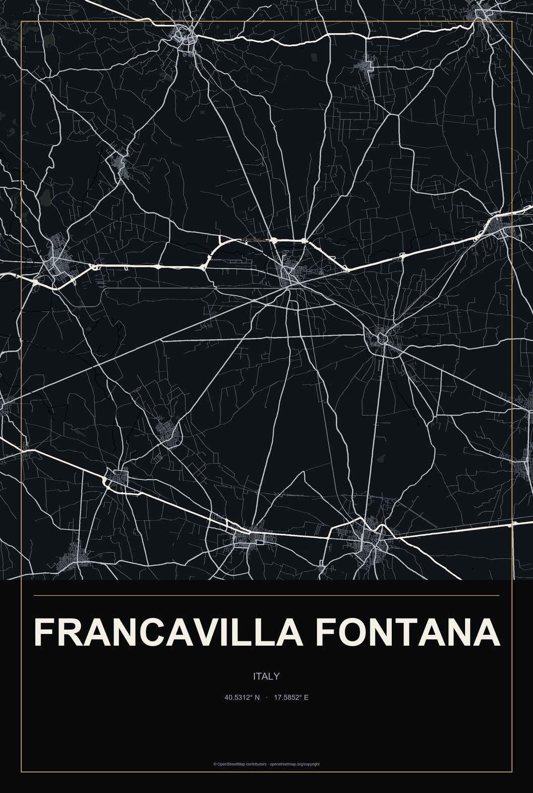 Francavilla Fontana, Italy City Map Aluminum Sign in Metropolitan Noir style