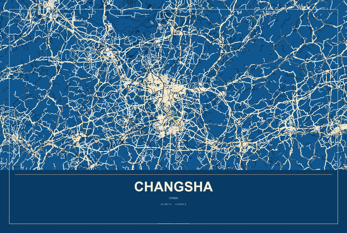 Changsha, Guangdong, China City Map Aluminum Sign in Harbor Cobalt style