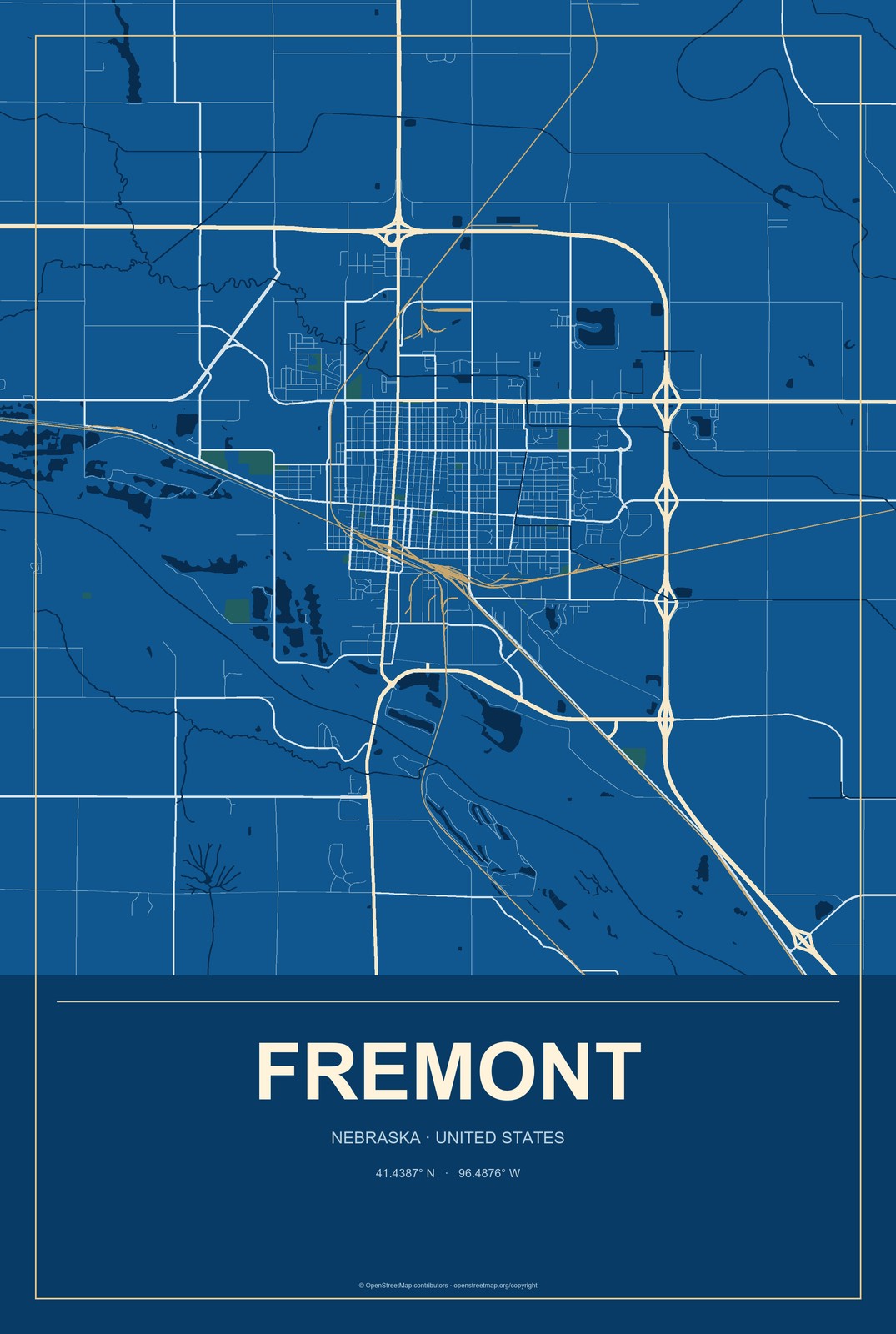 Fremont, Nebraska City Map Aluminum Sign in Harbor Cobalt style