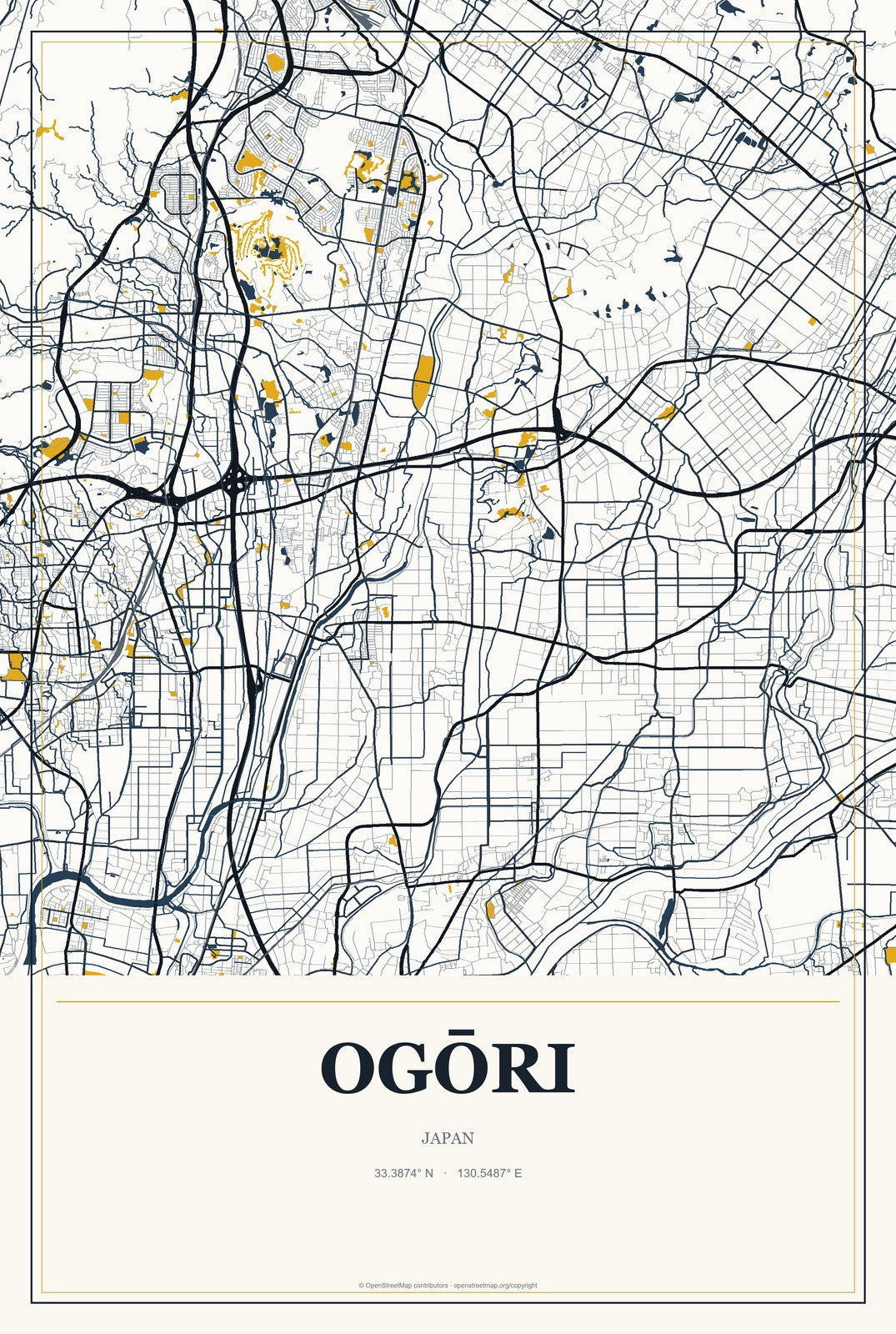 Ogōri, Japan City Map Aluminum Sign in Citrine Modern style