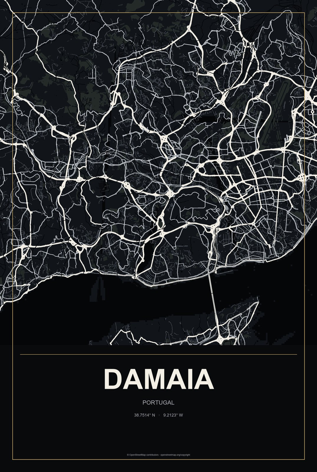 Damaia, Portugal City Map Aluminum Sign in Metropolitan Noir style