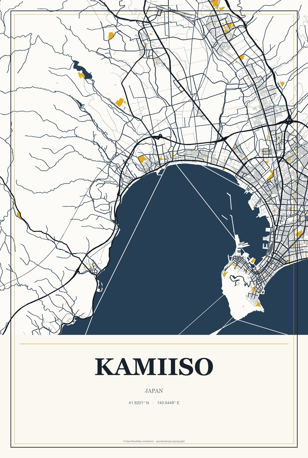 Kamiiso, Japan City Map Aluminum Sign in Citrine Modern style