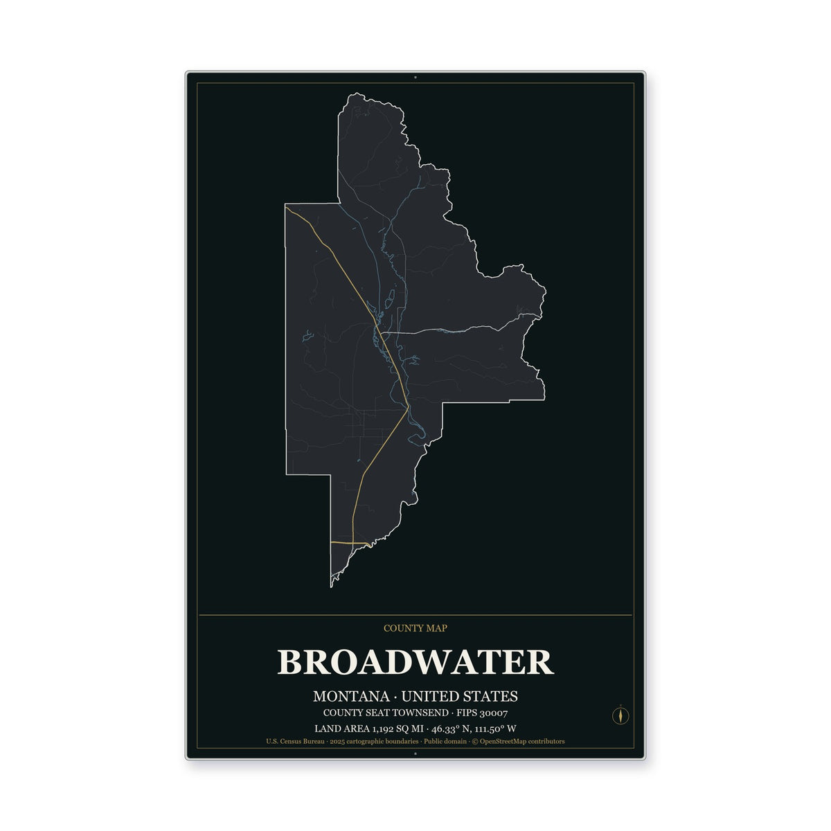 Broadwater County, Montana Map Aluminum Sign in Metropolitan Noir style