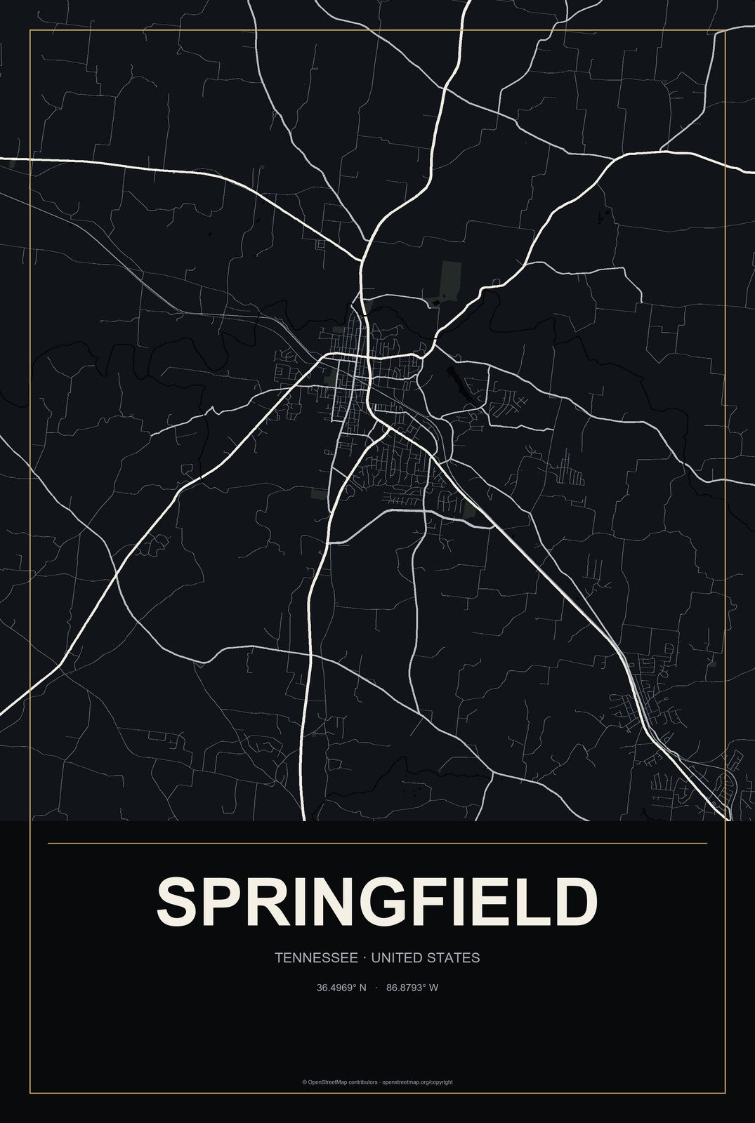 Springfield, Tennessee City Map Aluminum Sign in Metropolitan Noir style