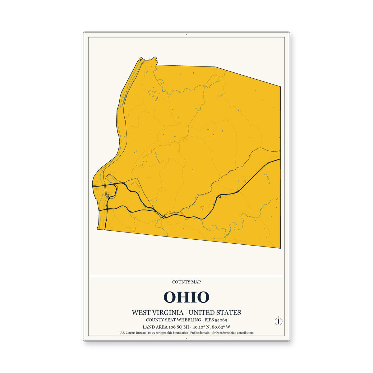 Ohio County, West Virginia Map Aluminum Sign in Citrine Modern style