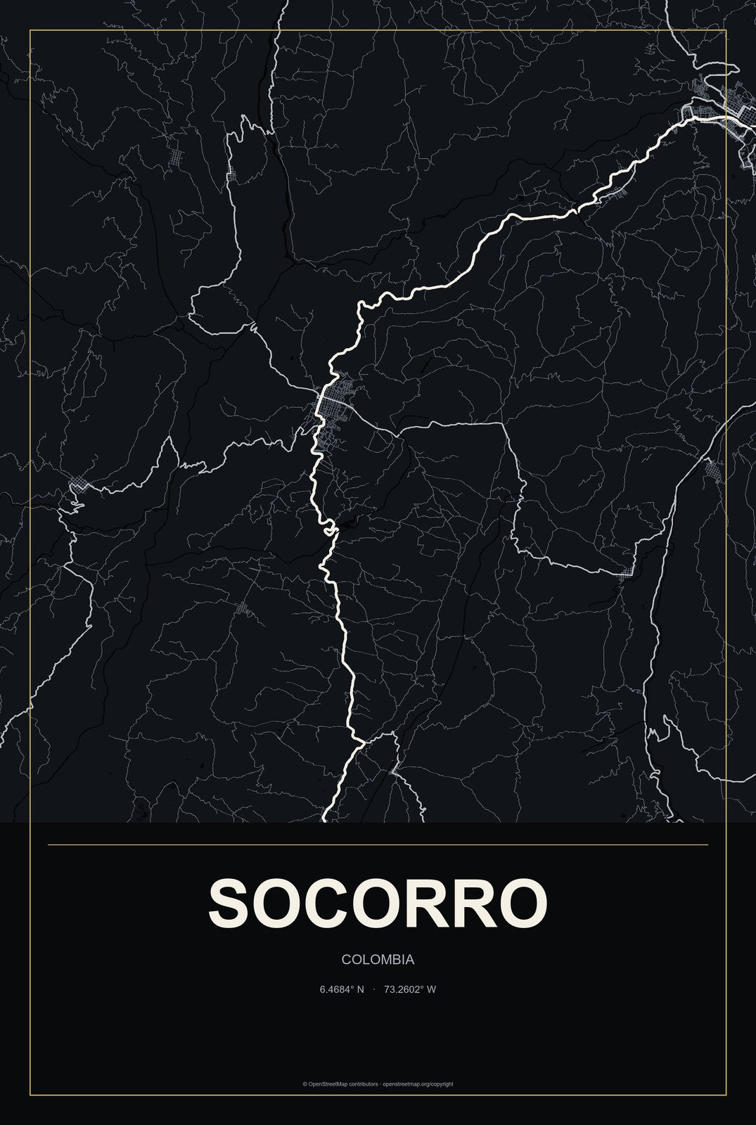 Socorro, Colombia City Map Aluminum Sign in Metropolitan Noir style