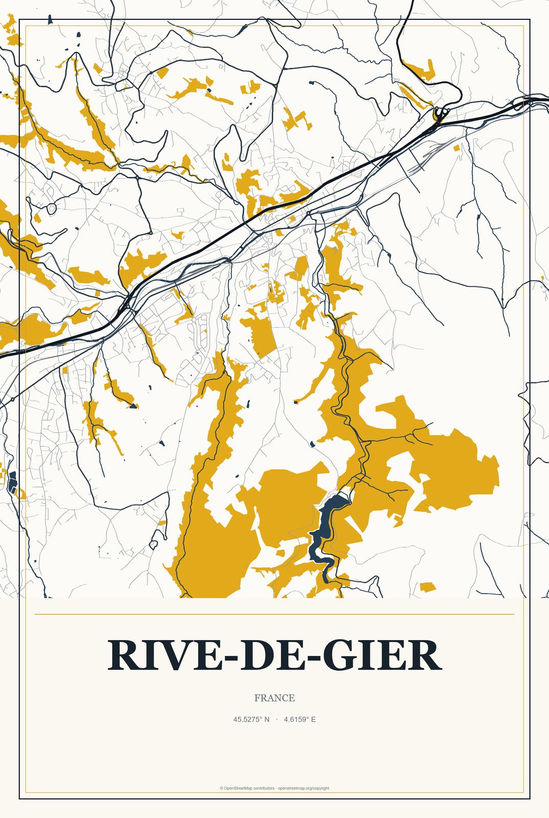 Rive-de-Gier, France City Map Aluminum Sign in Citrine Modern style