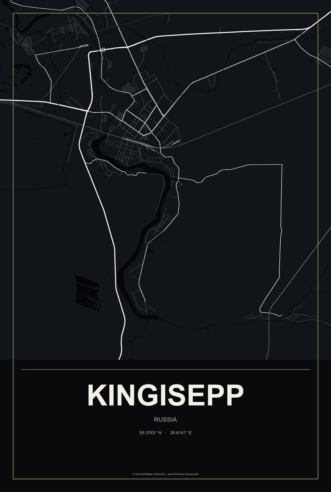 Kingisepp, Russia City Map Aluminum Sign in Metropolitan Noir style